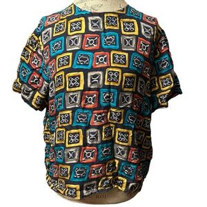 Vintage Kim Rogers 100% Silk Black Yellow Blue Red Blouse Top Women Large